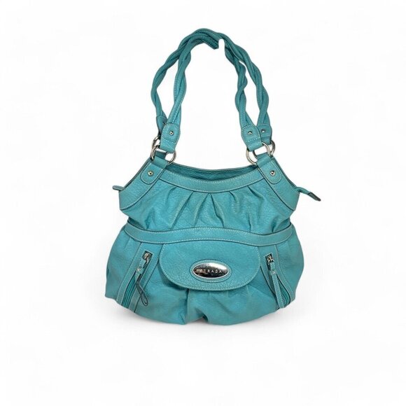 Strada Pleated Shoulder Bag Teal Blue Faux Leather Pink Lining 15"W x 12"H x 5"D - Picture 3 of 11